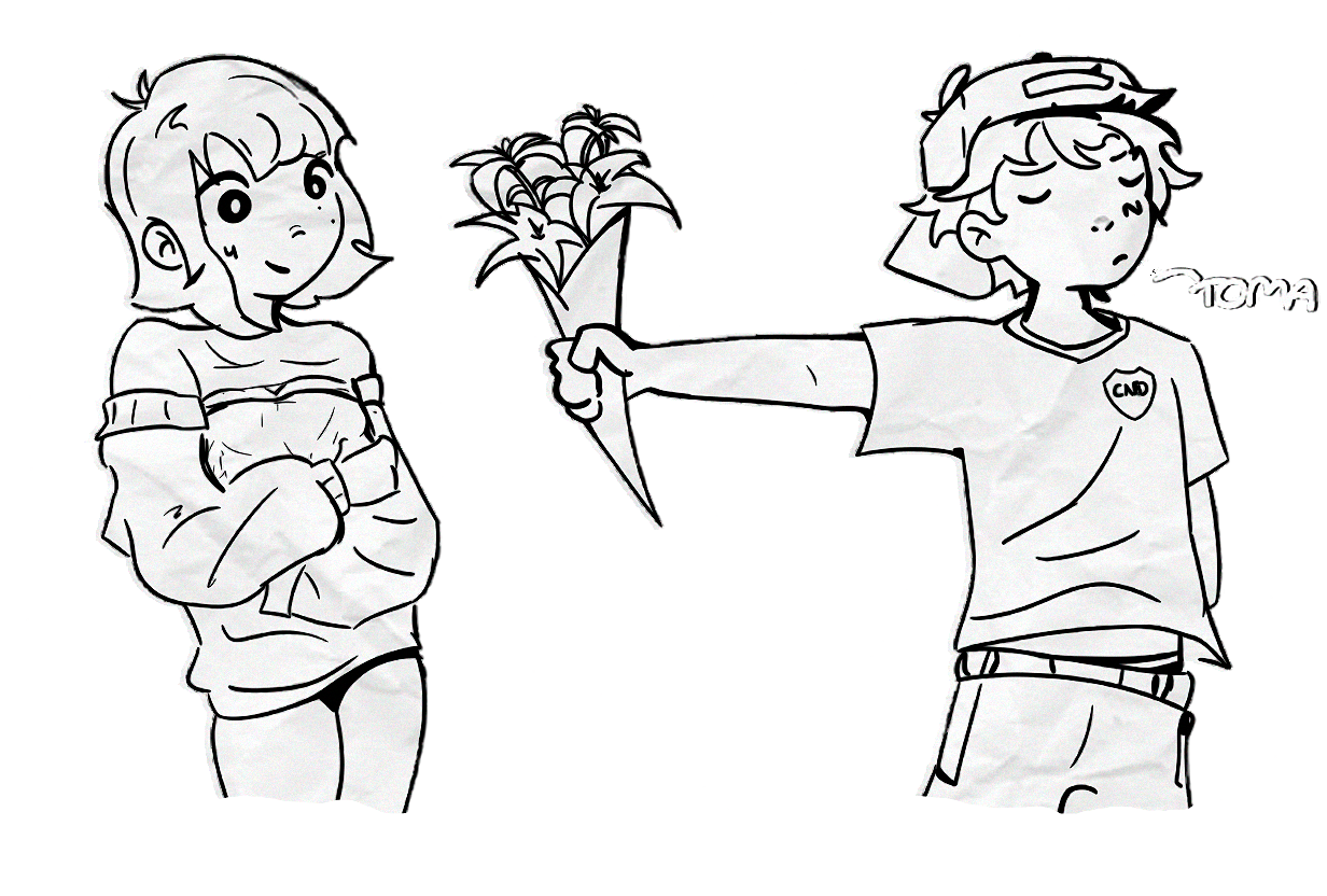Dibujo de dos personajes junto a una palmera, ejemplo de comisión.